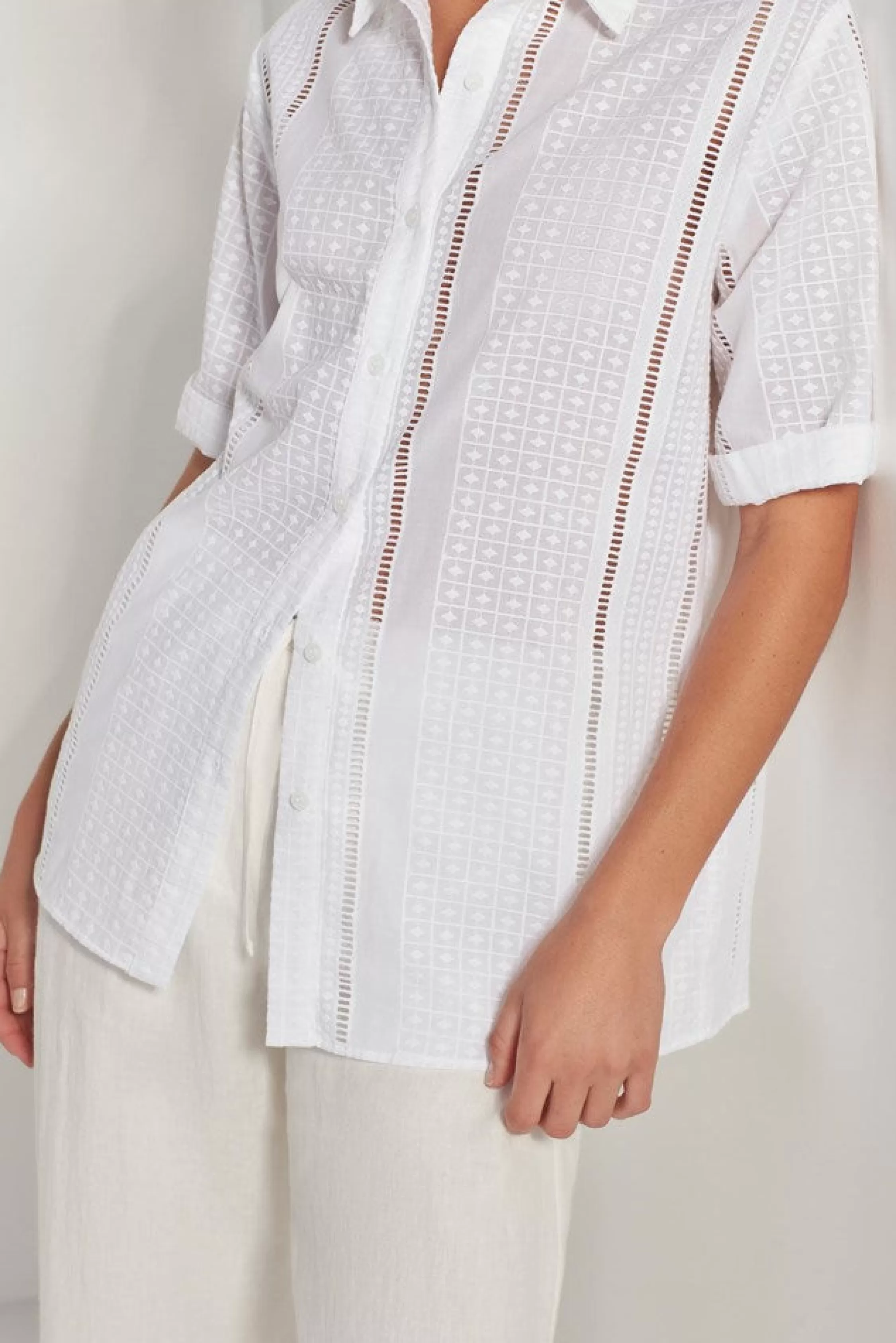 Tops & Tees>Juliette Hogan Alethia Shirt Lattice Broderie White Emb.