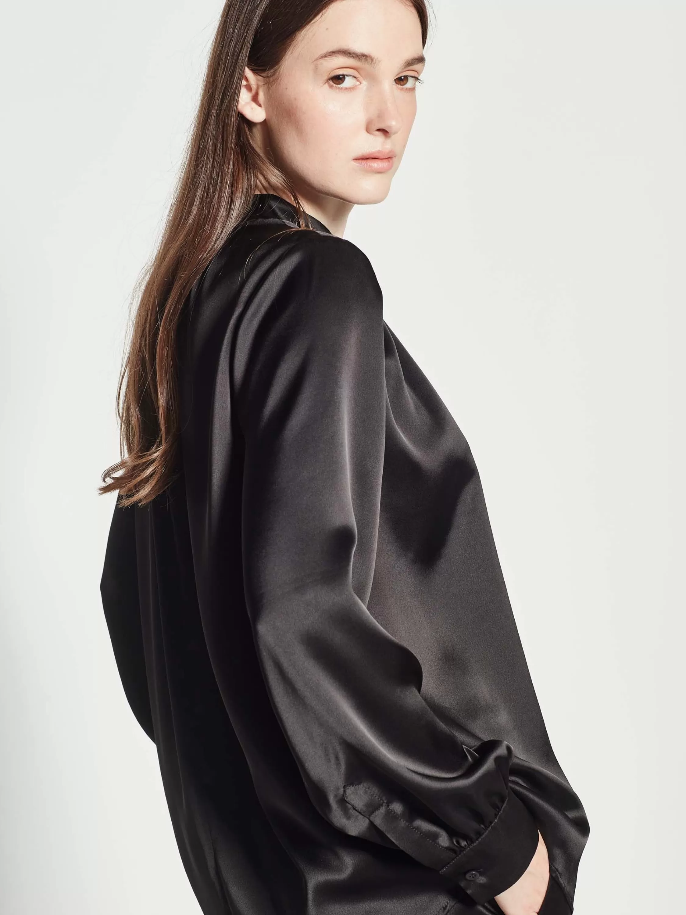 Tops & Tees>Juliette Hogan Alice Blouse Dress Satin Gloss Black