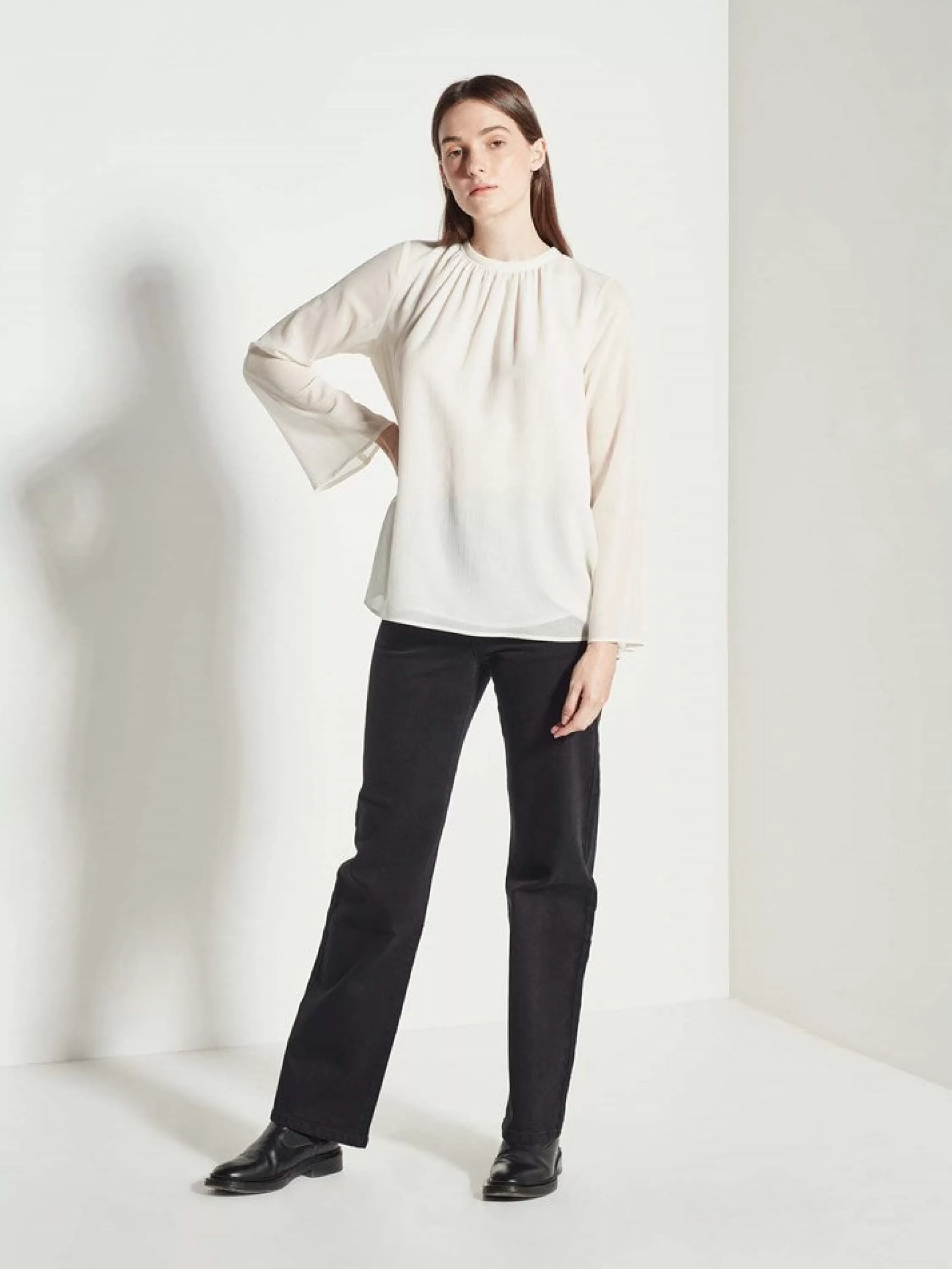 Tops & Tees>Juliette Hogan Arden Blouse Crinkle Silk Cotton Ivory