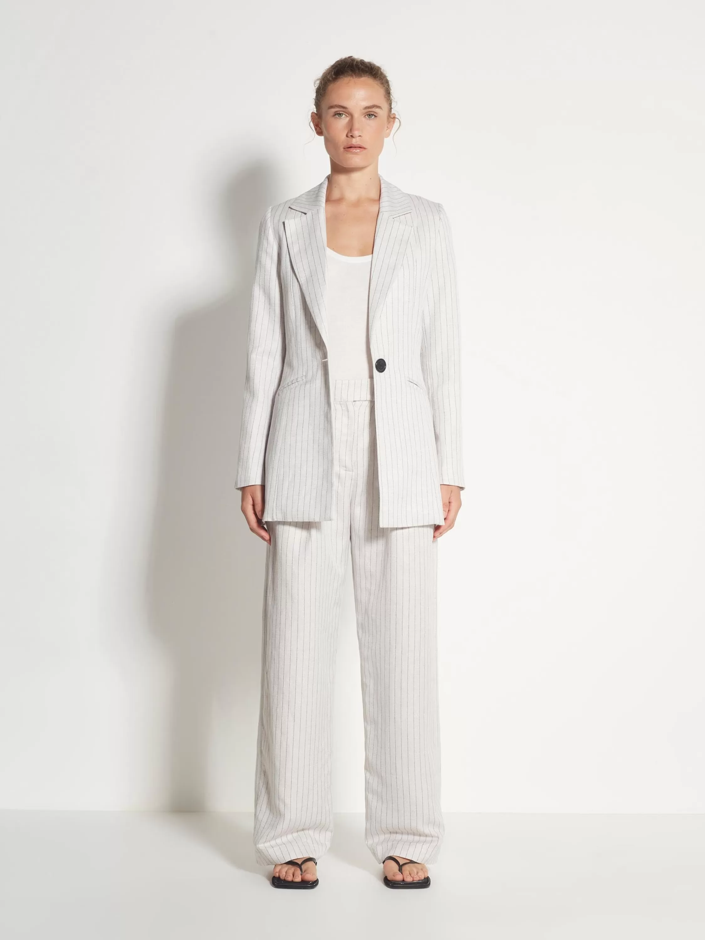 Jackets & Coats>Juliette Hogan Bonnie Blazer Linen Stripe Suiting Parchment