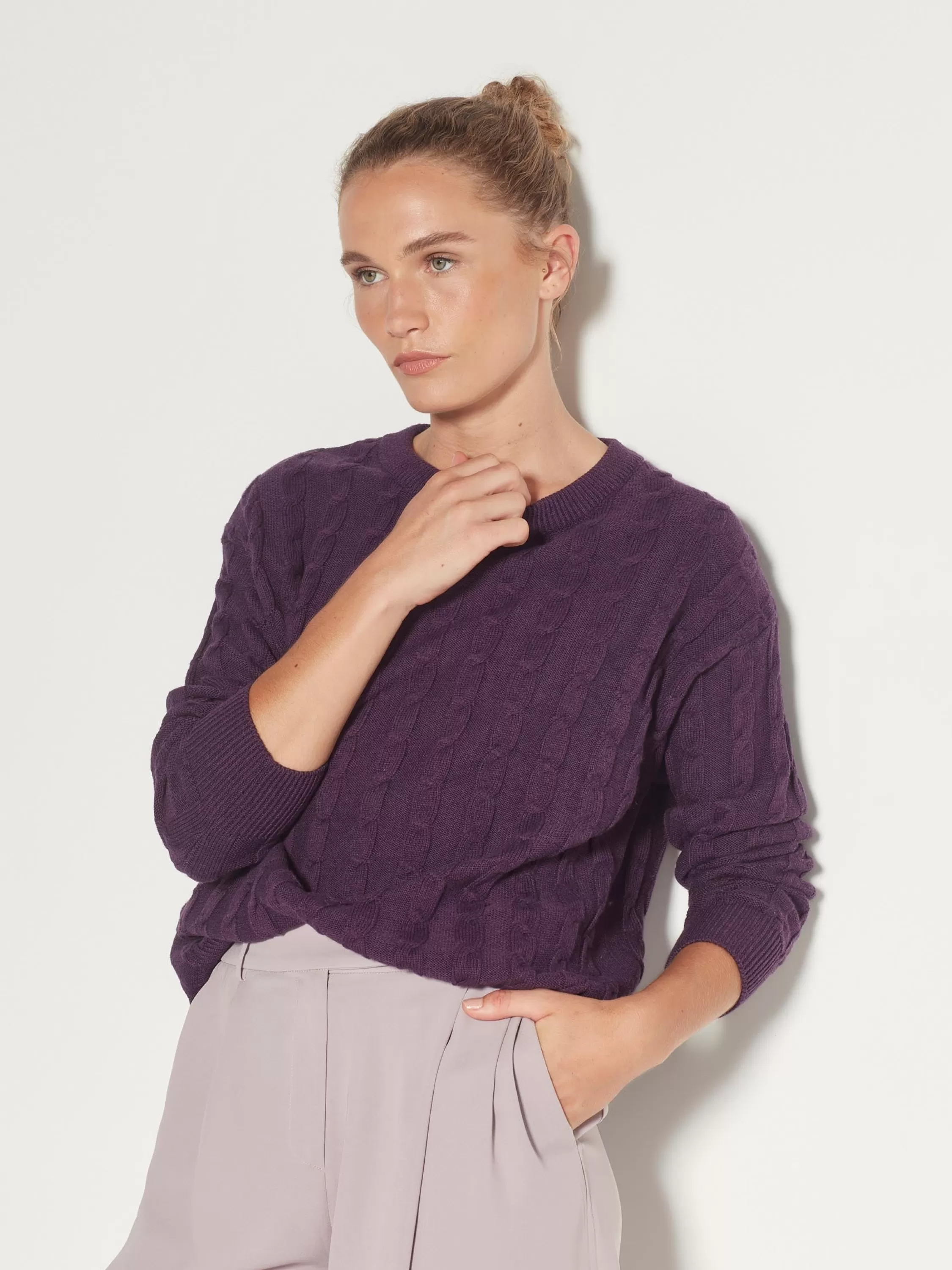 Knitwear>Juliette Hogan Cable Crew Cotton Knit Purple Marle