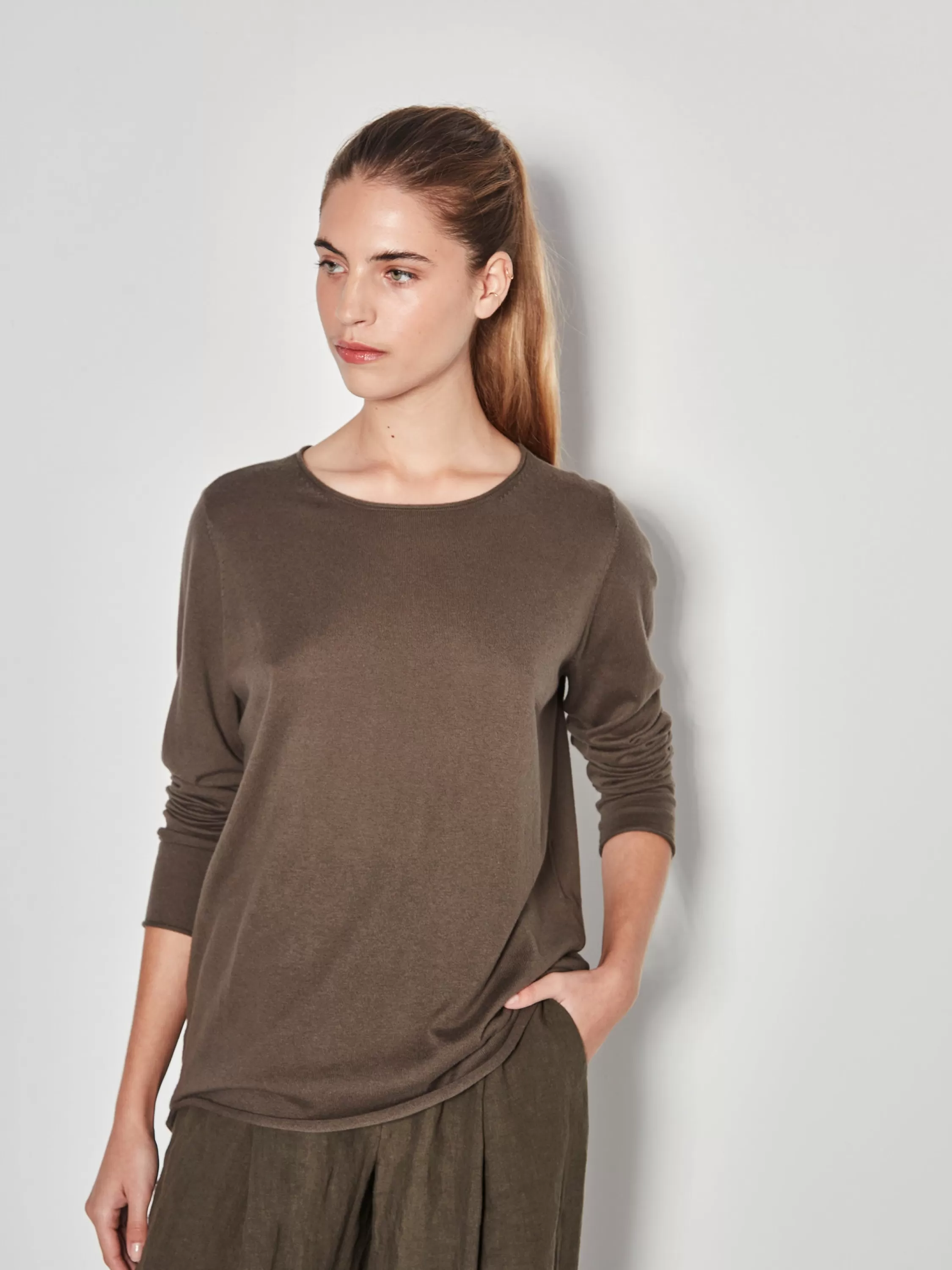 Knitwear>Juliette Hogan Jhl Crew L/S T Fine Cotton Cashmere Soft Khaki