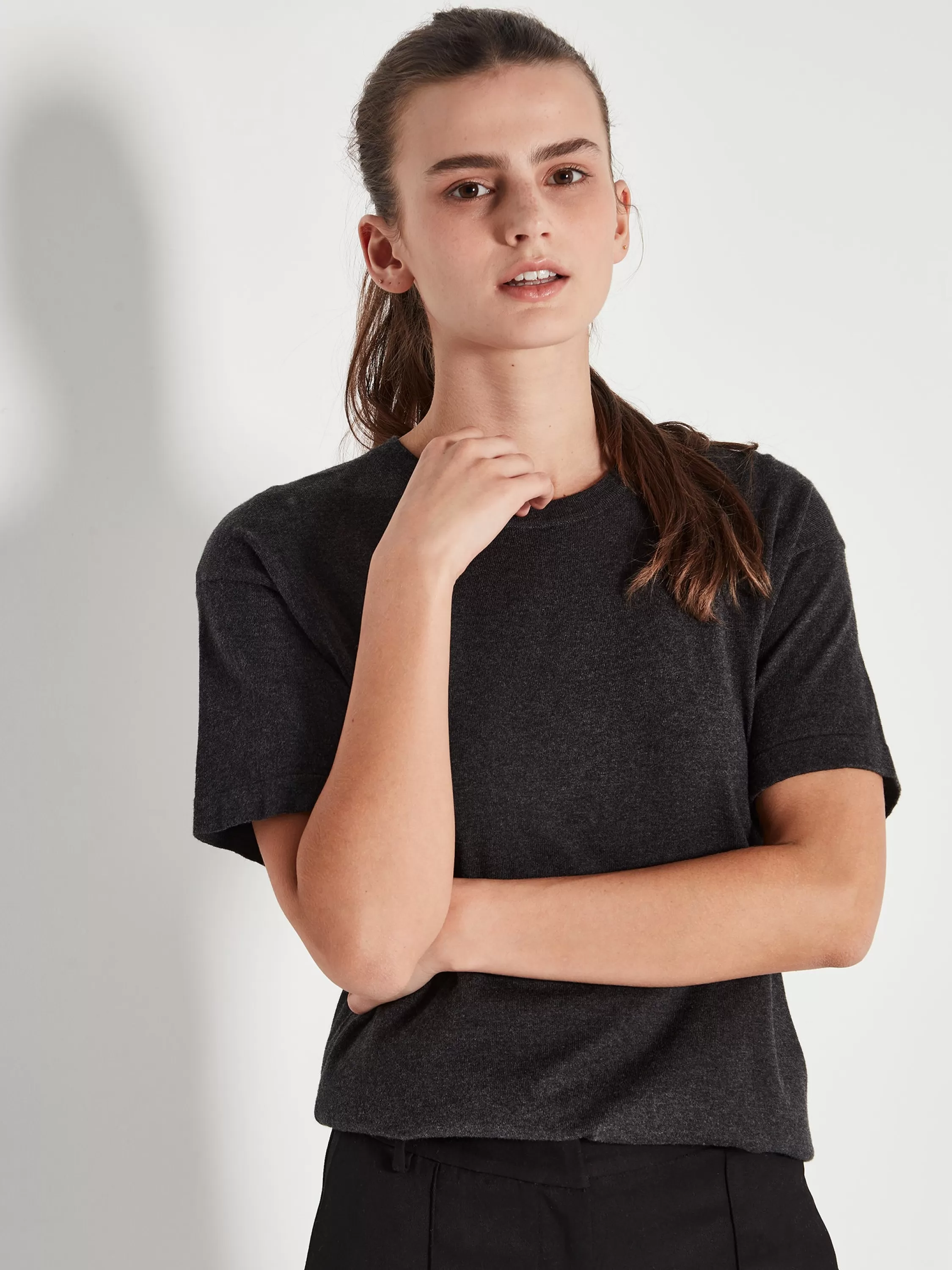 Tops & Tees>Juliette Hogan Jhl Luxe T Luxe Cotton Cashmere Charcoal