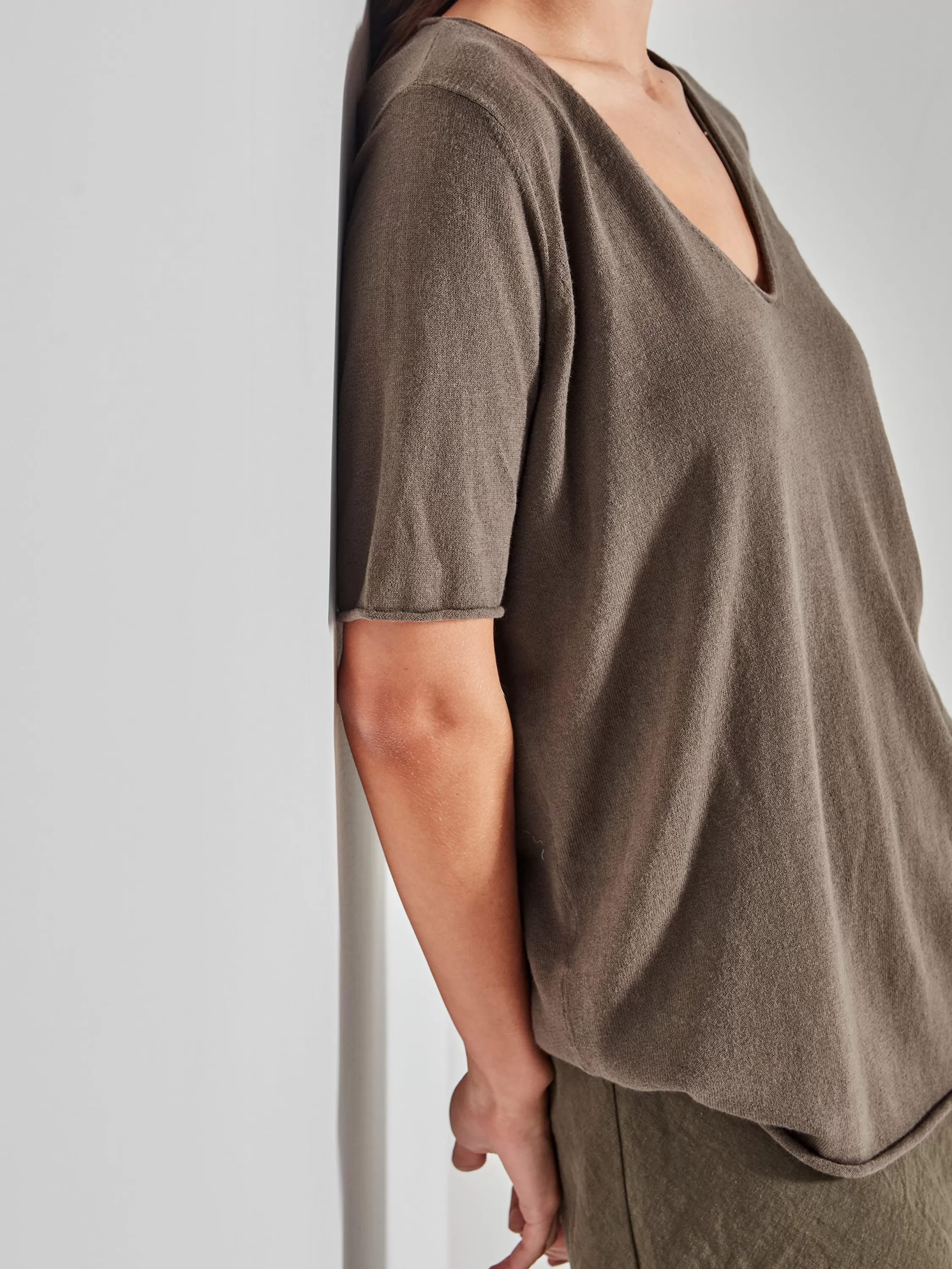 Knitwear>Juliette Hogan Jhl V-Neck T Fine Cotton Cashmere Soft Khaki