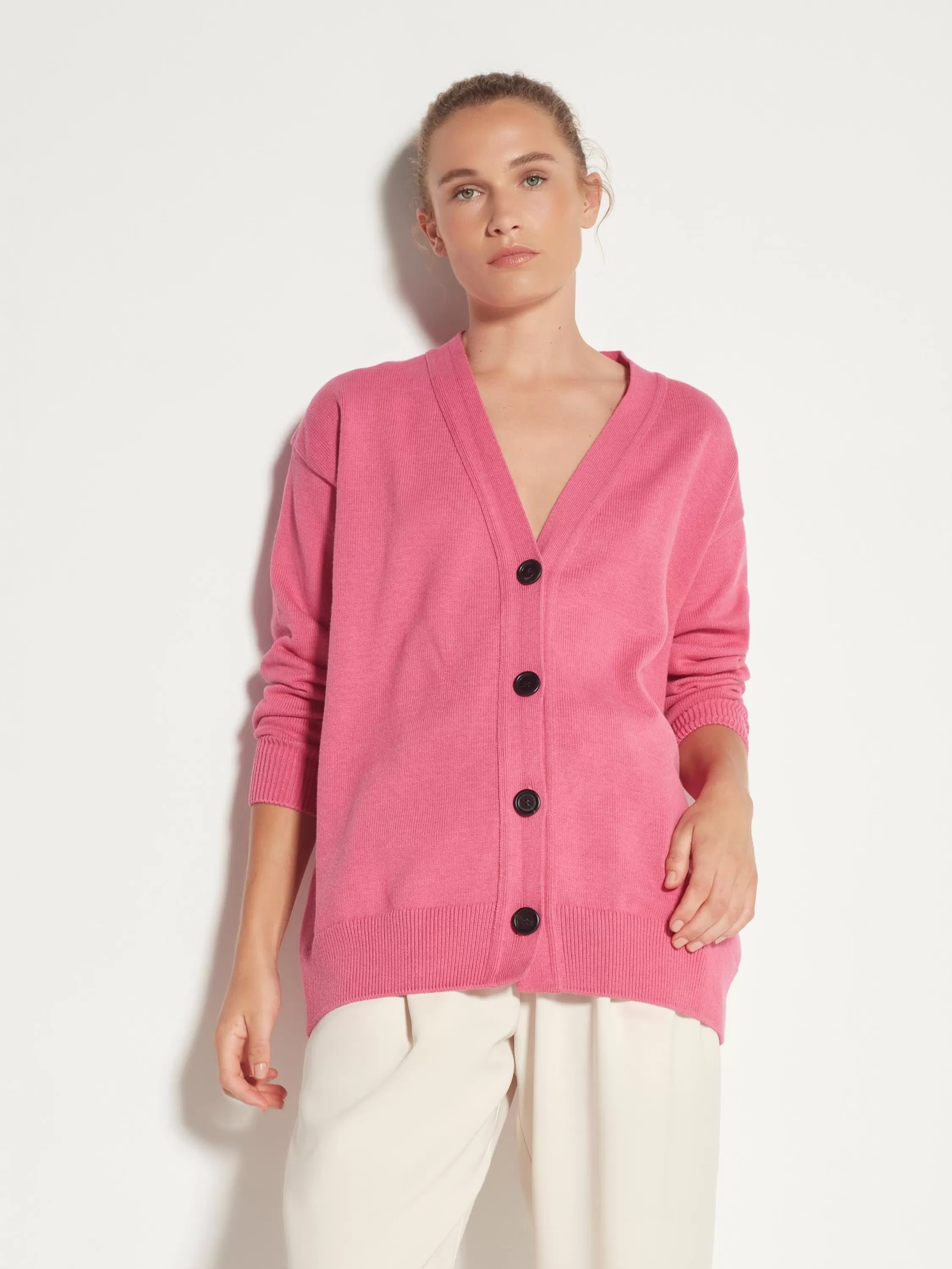 Knitwear>Juliette Hogan Marvin Cardi Cotton Knit Hot Pink